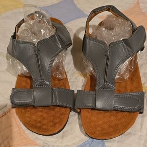 Gray Leather Sandals with Velcro Closure